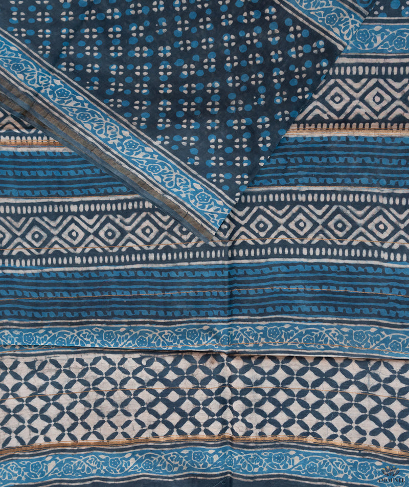 Indigo Blue Handblock Indigo Printed Chanderi Silk Saree – ArtizenWeaves