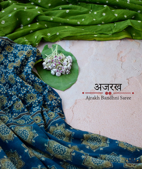 Ajrakh cotton Bandhani hand block printed saree