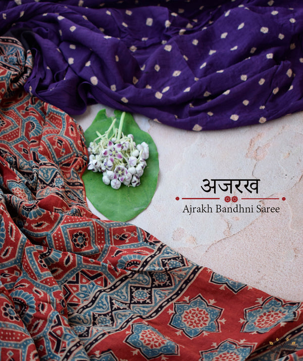 Ajrakh cotton Bandhani hand block printed saree