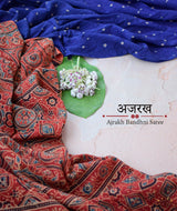 Ajrakh cotton Bandhani hand block printed saree