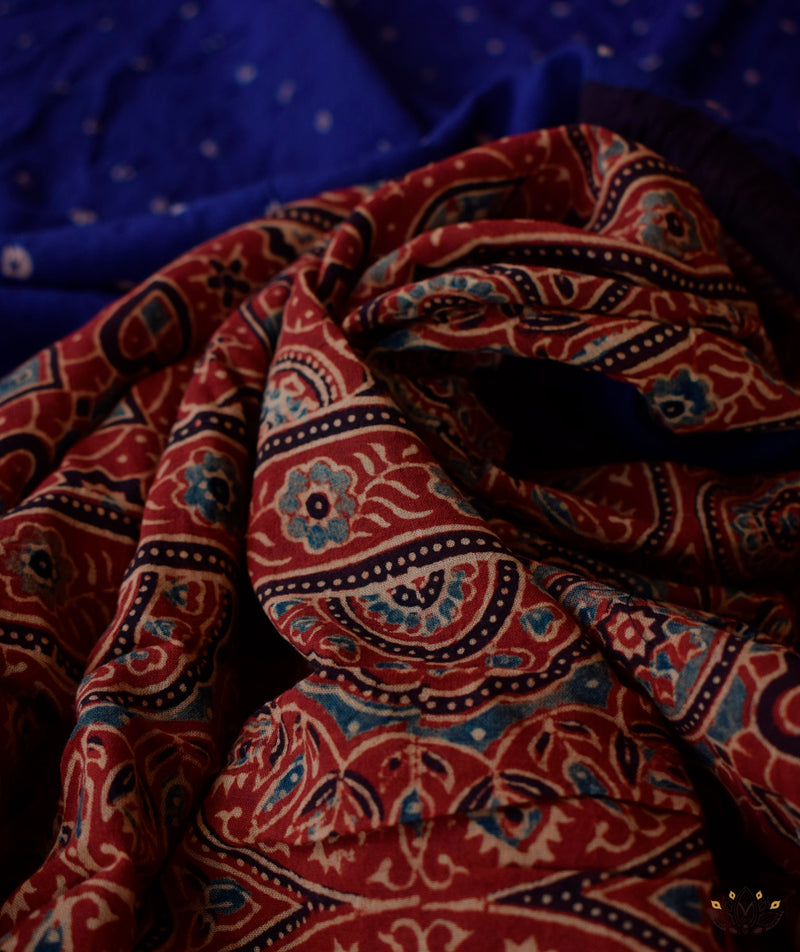 Ajrakh cotton Bandhani hand block printed saree