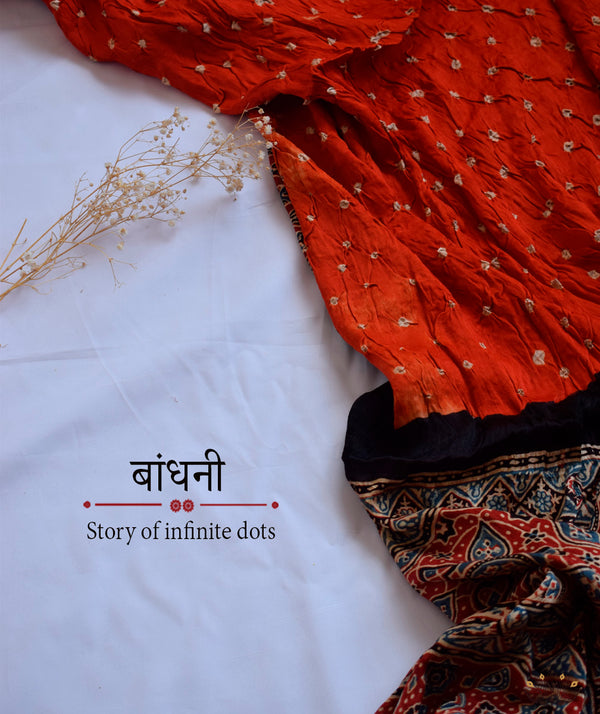 Ajrakh Bandhini Silk hand block printed saree