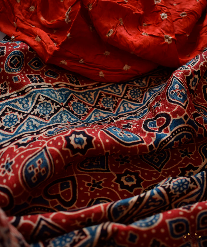 Ajrakh Bandhini Silk hand block printed saree