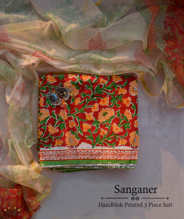 Exclusive Handblock Printed Sanganeer cotton Suits with Kota Dupatta