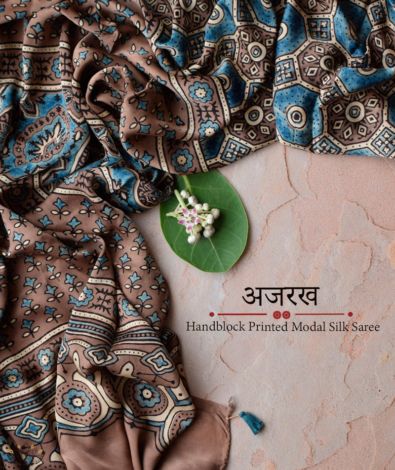 Aanokhi ~ Premium Modal Silk Ajrakh Hand Block Print Designer Saree.