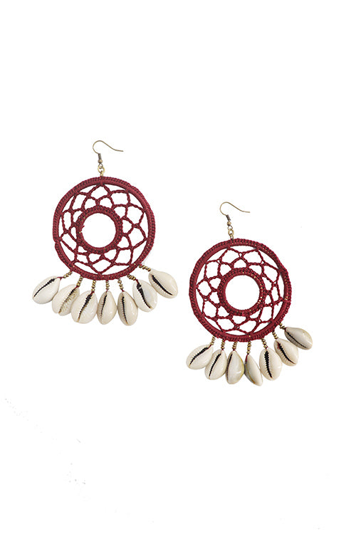 WHE Handcrotcheted Round Maroon Shell Earring
