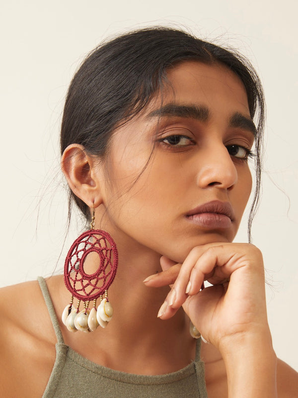 WHE Handcrotcheted Round Maroon Shell Earring