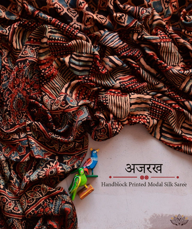 Ajrakh modal silk hand block printed saree