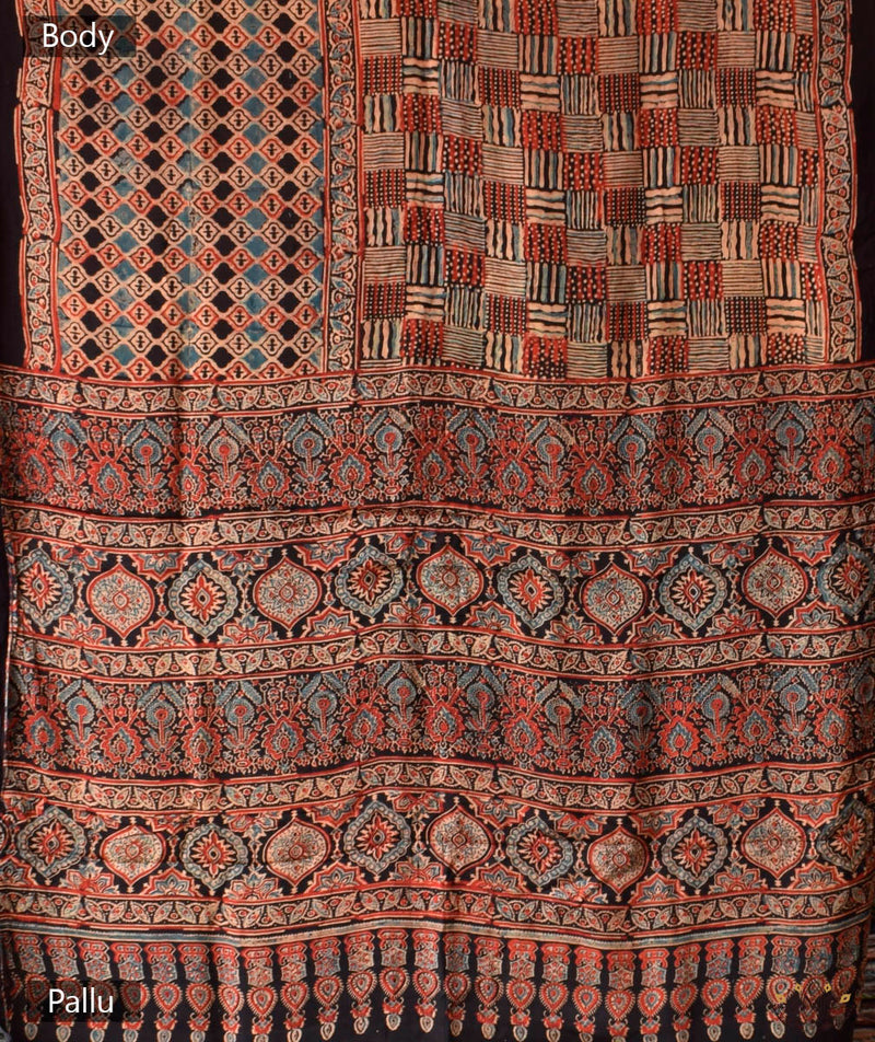 Ajrakh modal silk hand block printed saree