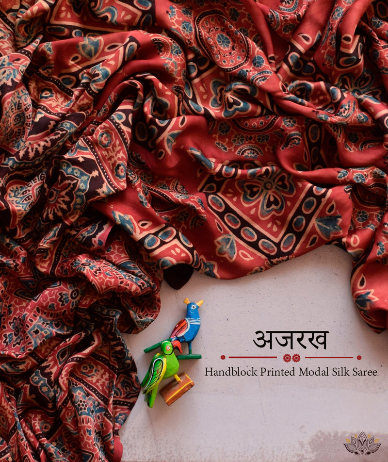 Ajrakh modal silk hand block printed saree