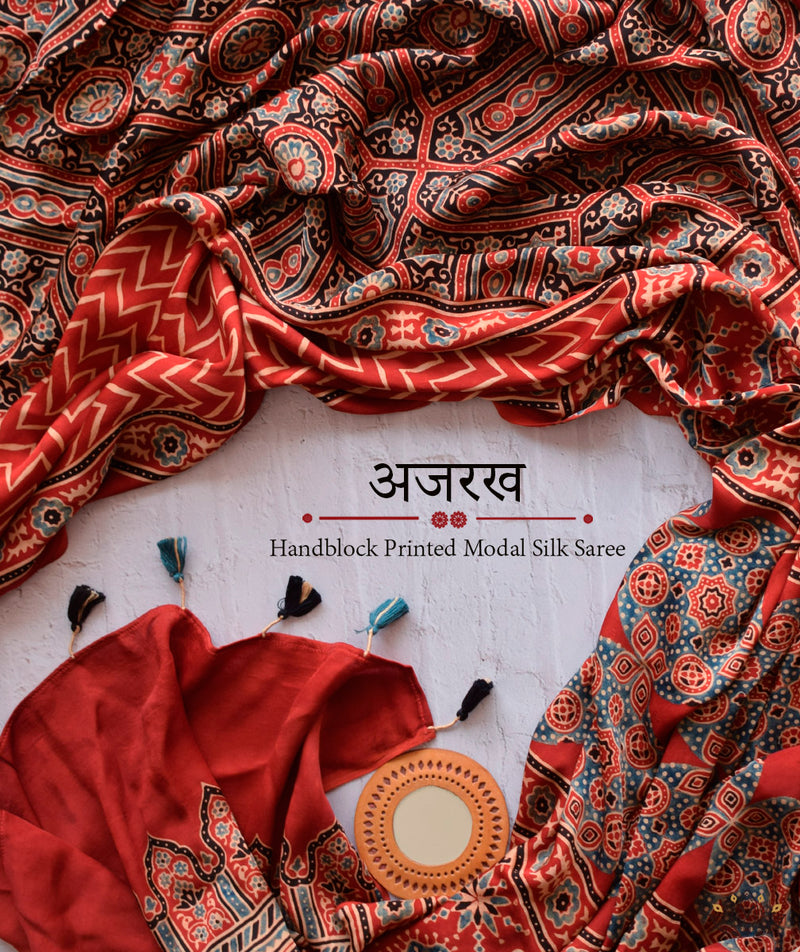 Ajrakh Modal Silk Hand Block Printed Saree