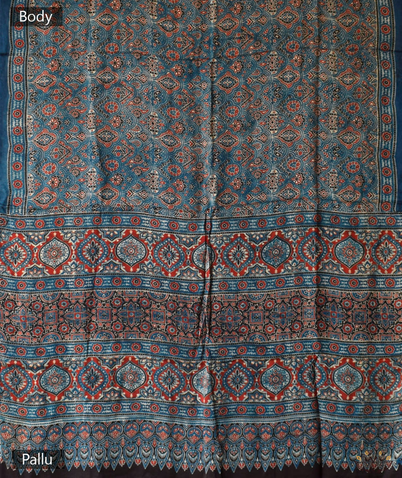 Ajrakh Modal Silk Hand Block Printed Saree