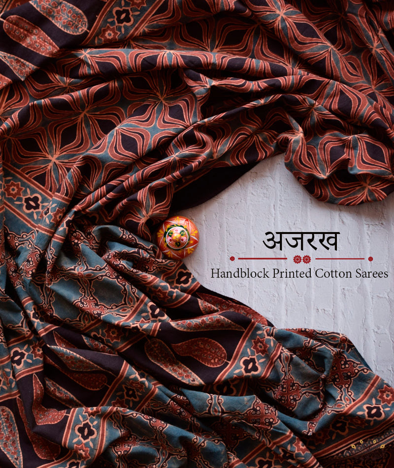 Ajrakh Cotton Handblock Printed Saree