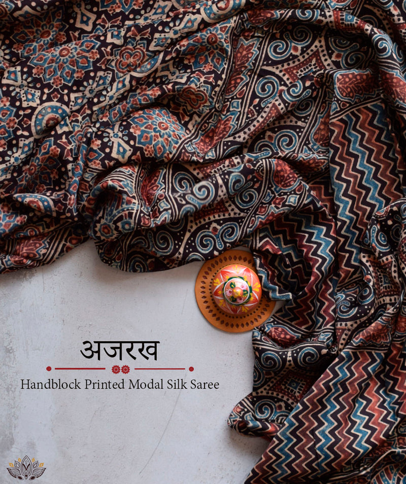 Ajrakh modal silk hand block printed saree