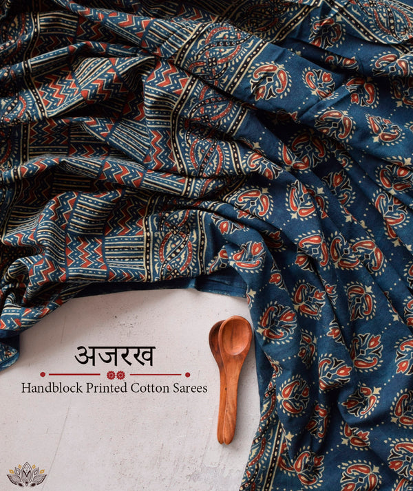Ajrakh cotton hand block printed saree