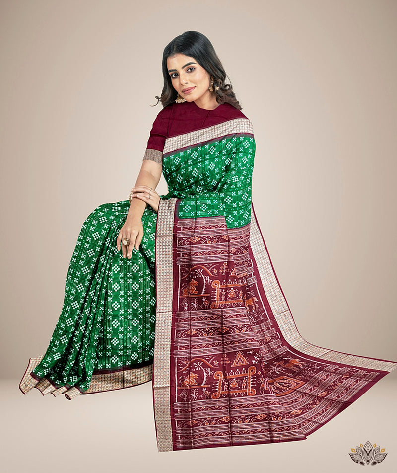 Sambalpuri Pata Saree in Green Color in botty design with Black Border