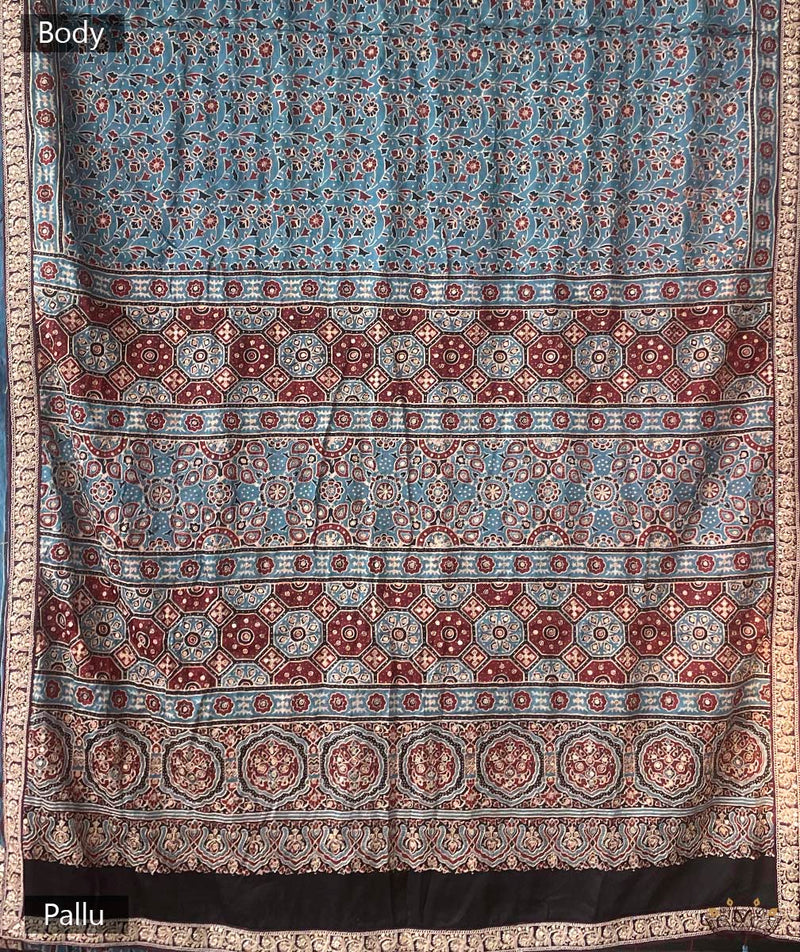 Ajrakh Silk Hand Block Printed Saree