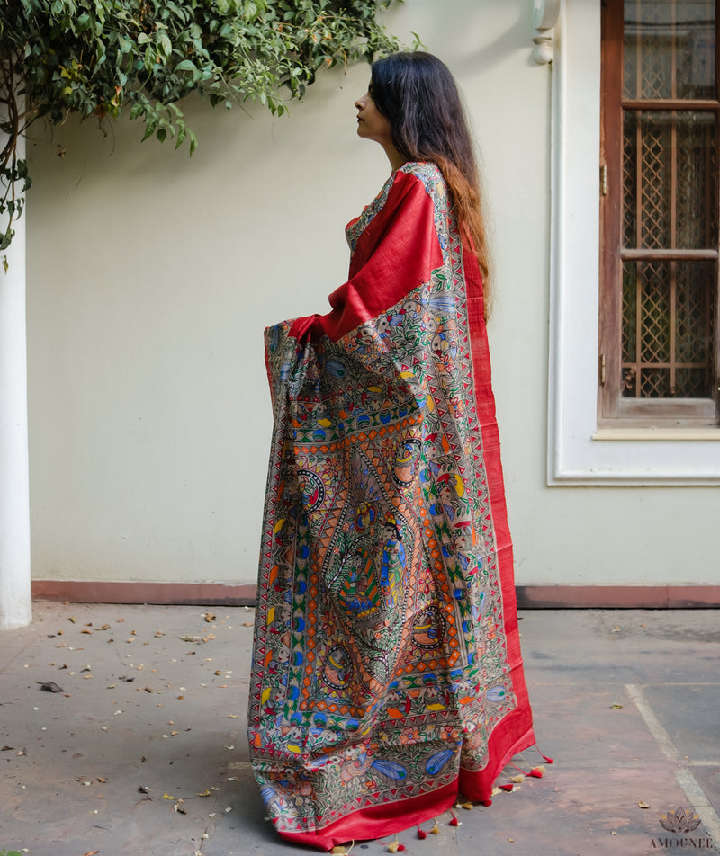 Madhubani Pure Tussar silk Hand Painted Saree