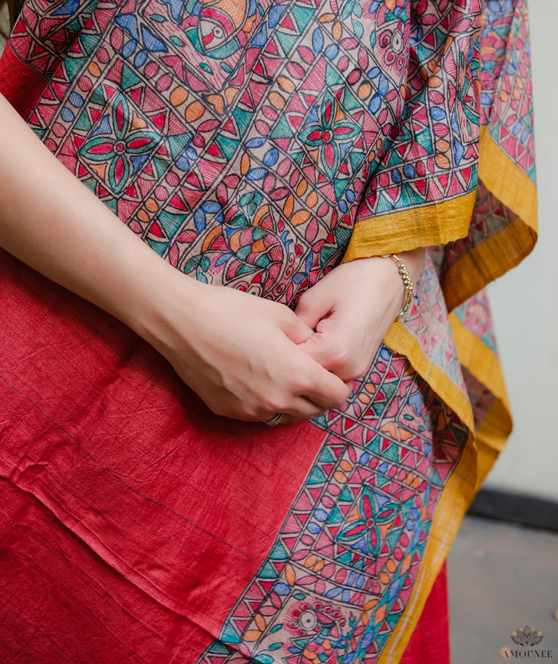 Madhubani Pure Tussar silk Hand Painted Saree