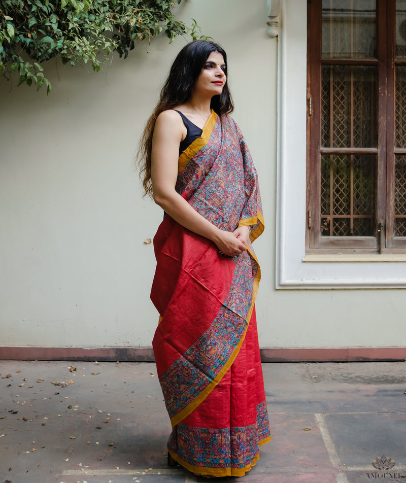 Madhubani Pure Tussar silk Hand Painted Saree