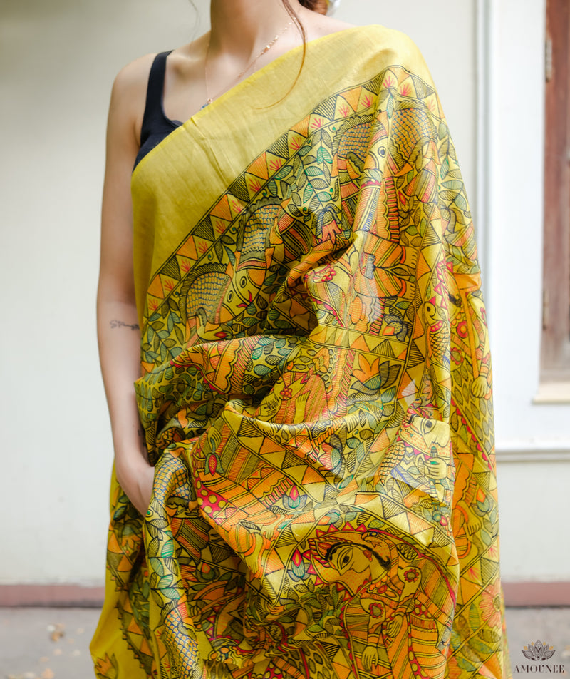 Madhubani Pure Tussar silk Hand Painted Saree