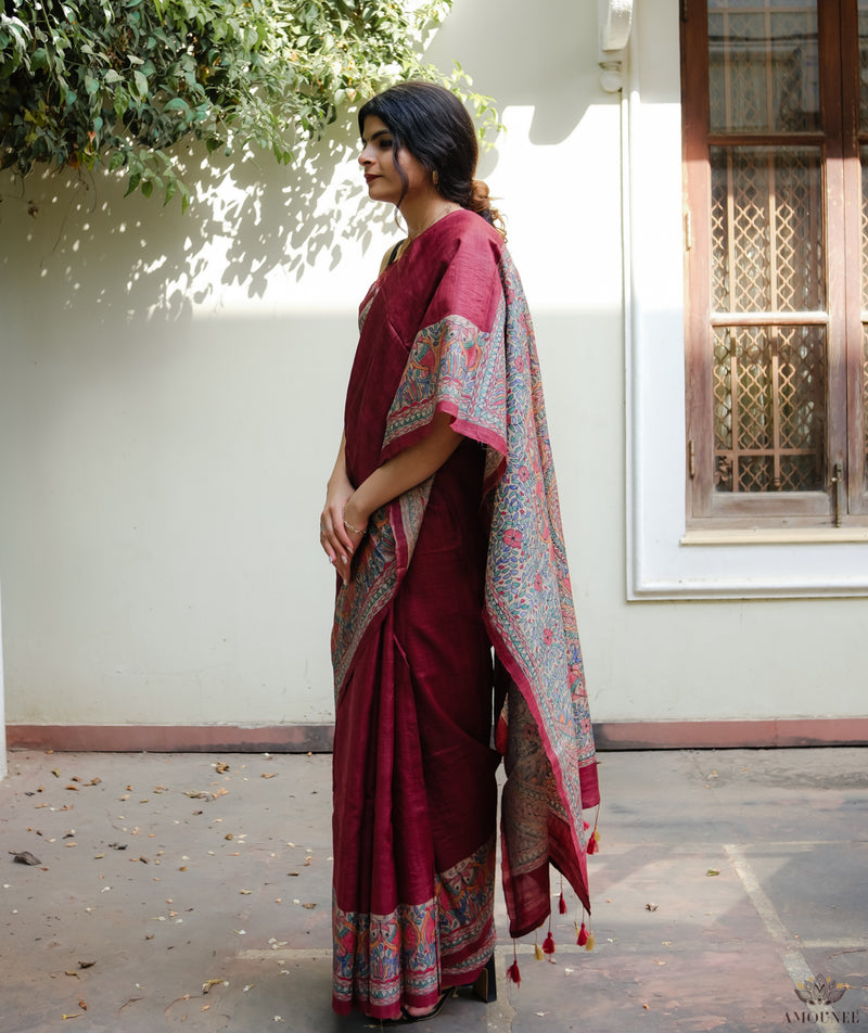 Madhubani Pure Tussar silk Hand Painted Saree