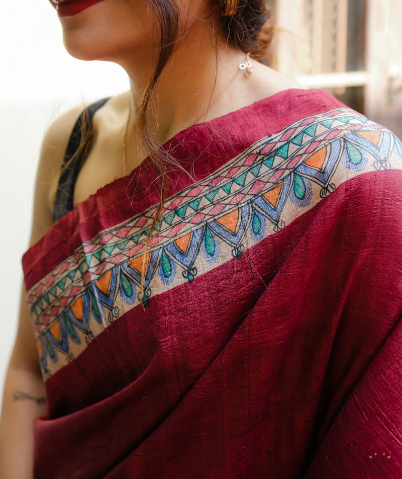 Madhubani Pure Tussar silk Hand Painted Saree