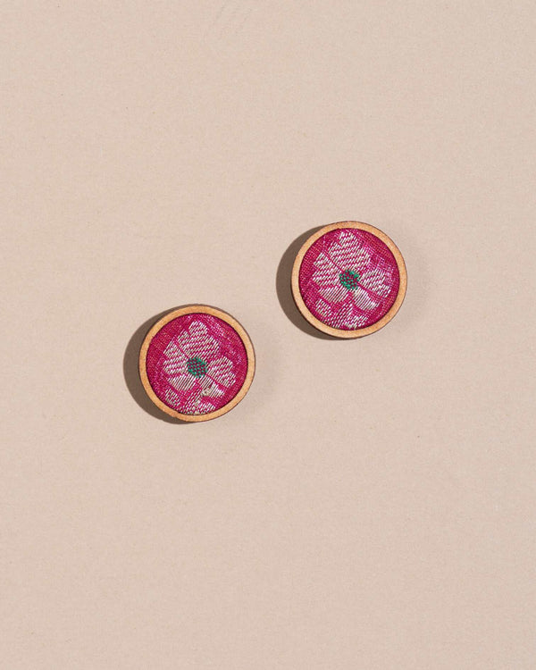 WHE Handmade Pink Pure Banarasi Brocade Fabric and Repurposed Wood Stud Earrings
