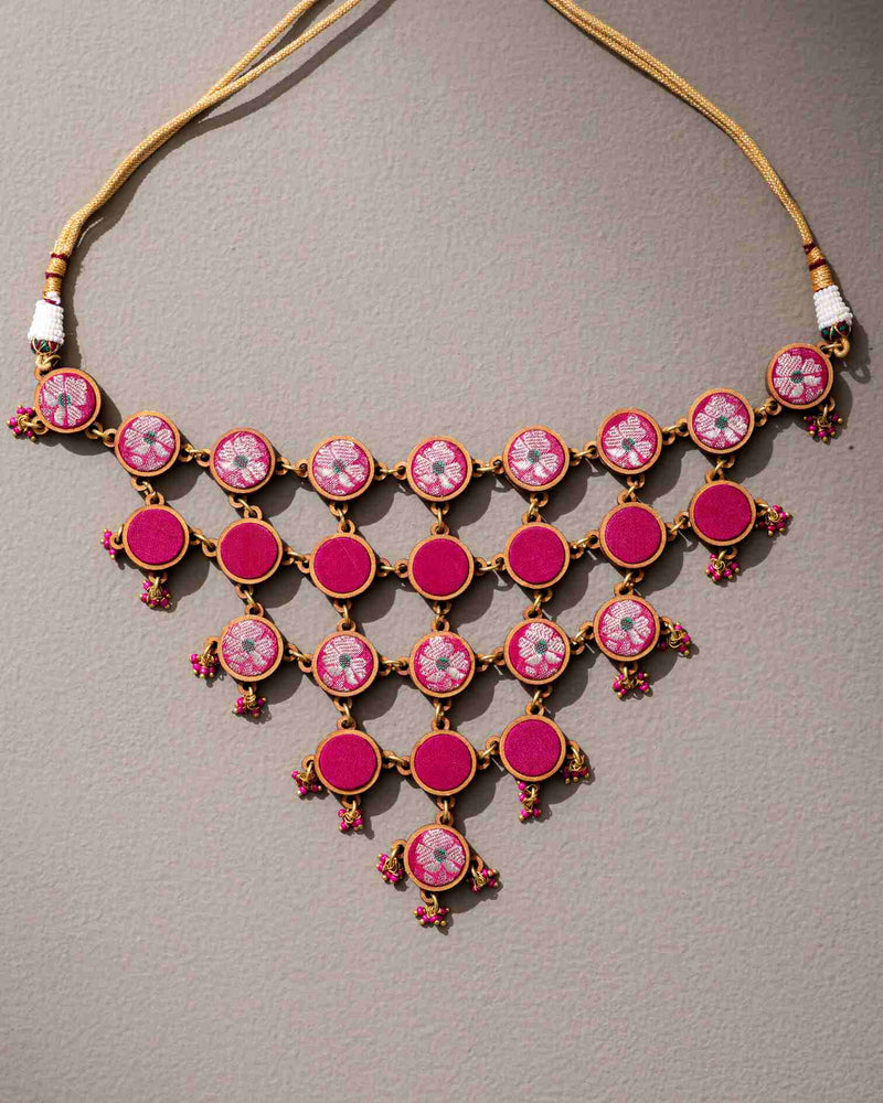 WHE Pink Pure Banarasi Upcycled Fabric and Repurposed Wood Adjustable Statement Necklace