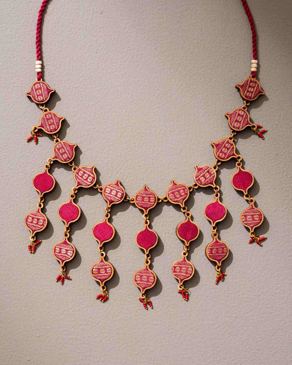 WHE Red and Gold Festive Multi Layered Upcycled Fabric and Repurposed Wood Necklace