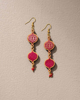 WHE Red and Gold Festive Multi Layered Upcycled Fabric and Repurposed Wood Earrings