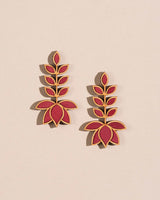WHE Red Festive Leaf Motif Upcycled Fabric and Repurposed Wood Earrings