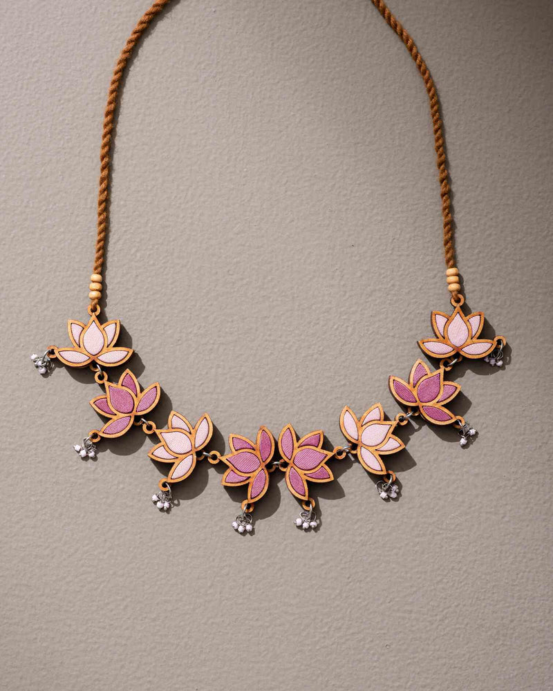 WHE Pink Festive Lotus Upcycled Fabric and Repurposed Wood Statement Choker