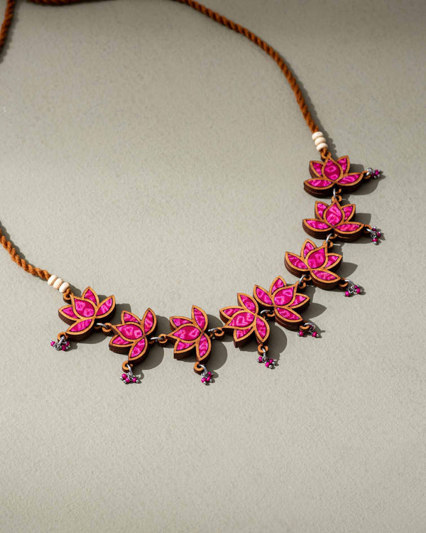 WHE Pink Pure Georgette Bandhani Upcycled Fabric and Repurposed Wood Statement Choker Lotus Necklace