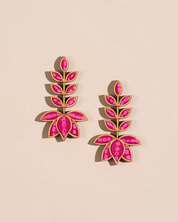 WHE Pink Pure Georgette Bandhani Upcycled Fabric and Repurposed Wood Lotus Earrings