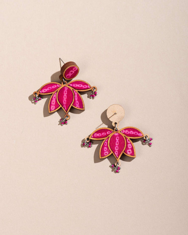 WHE Pink Pure Georgette Bandhani Upcycled Fabric and Repurposed Wood Statement Lotus Earrings