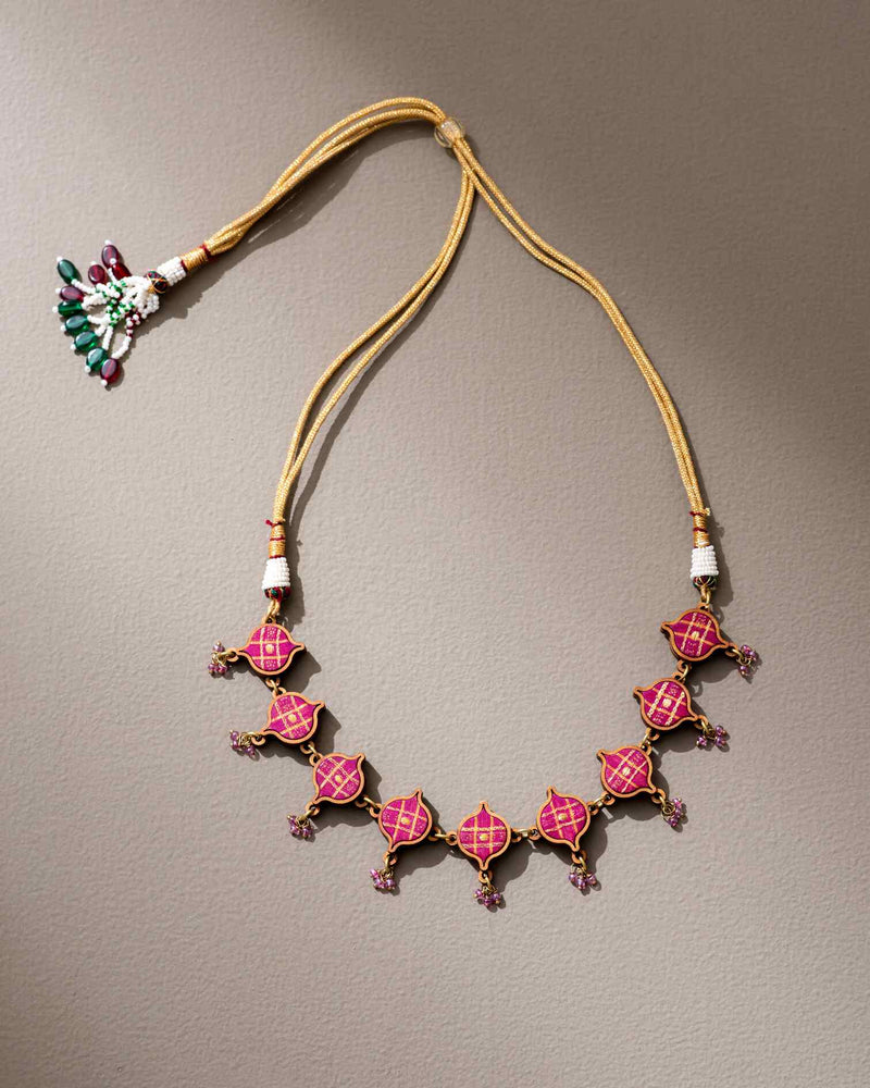 WHE Pink Festive Upcycled Fabric and Repurposed Wood Choker