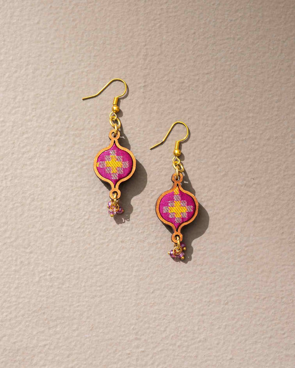 WHE Pink Festive Upcycled Fabric and Repurposed Wood Earrings