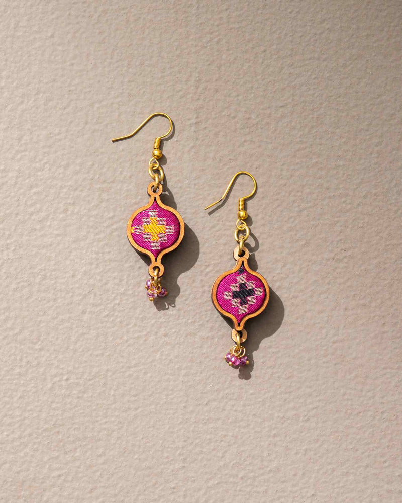 WHE Pink Festive Upcycled Fabric and Repurposed Wood Earrings
