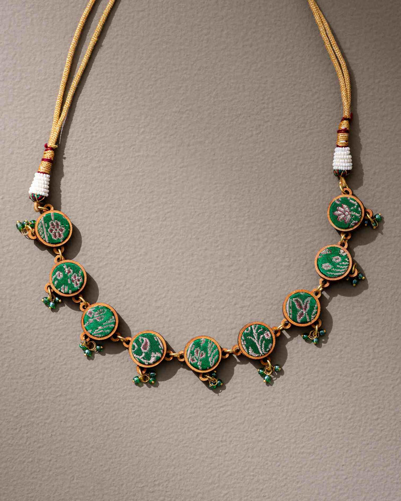 WHE Green Festive Pure Banarasi Brocade Fabric and Repurposed Wood Choker Necklace
