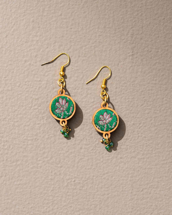 WHE Green Festive Pure Banarasi Brocade Fabric and Repurposed Wood Earrings