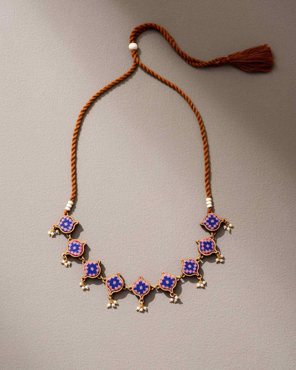 WHE Blue Brocade Festive Repurposed Fabric and Wood Adjustable Necklace