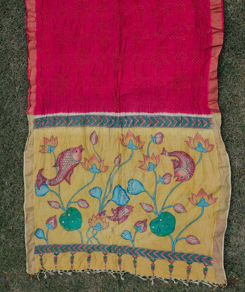 Bandhani with Kalamkari pure tussar silk saree