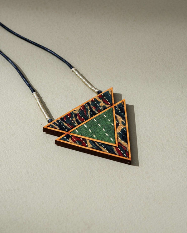 WHE Green Upcycled Fabric and Repurposed Wood Triangular Necklace