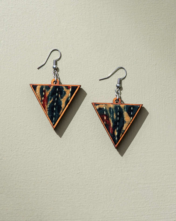 WHE Green Upcycled Fabric and Repurposed Wood Triangular Earrings