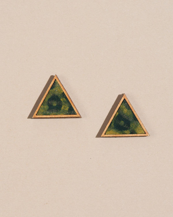 WHE Green Batik Triangular Studs made of Repurposed Fabric and Wood Earrings