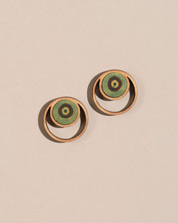 Whe Green Ajrakh Fabric and Repurposed Wood Stud Earrings