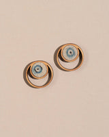 Whe Blue Beige Ajrakh Fabric and Repurposed Wood Stud Earrings
