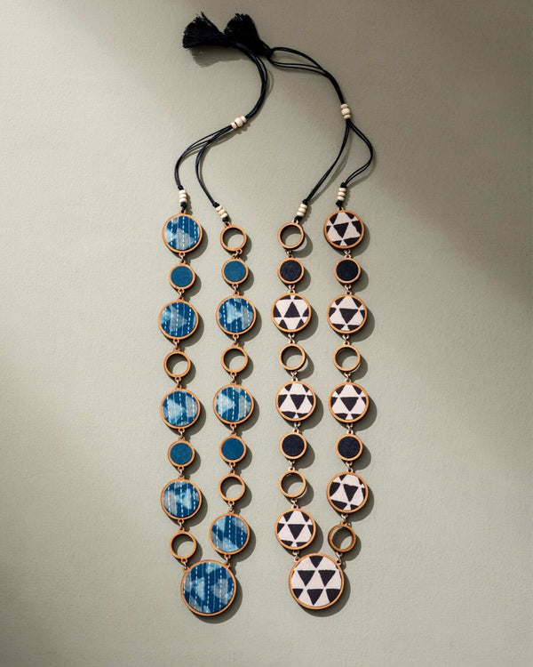 WHE Reversible 2-In-1 Blue Black Repurposed Fabric and Wood Necklace