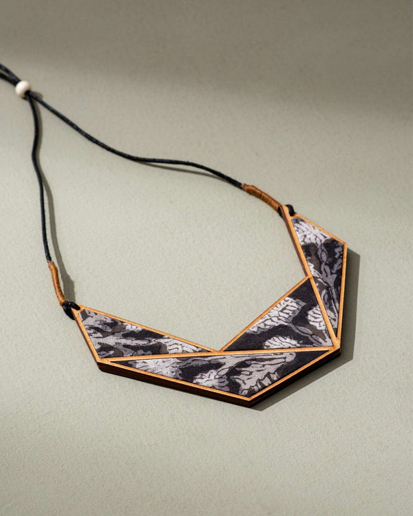 WHE Black and Beige Kalamkari Repurposed Fabric and Wood Connecting Triangle Adjustable Necklace
